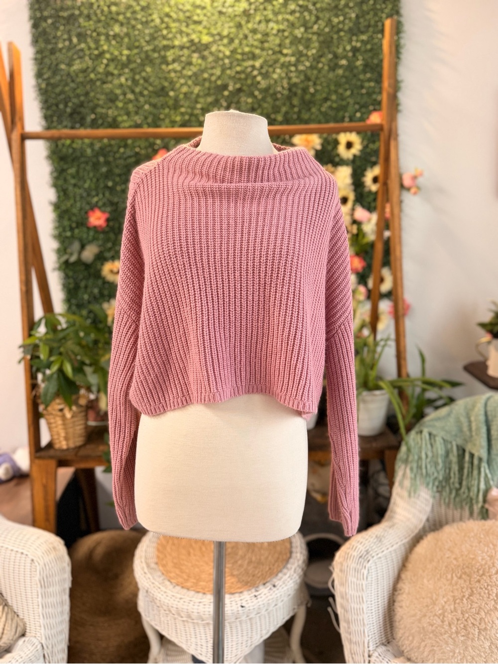 Cotton Candy Pink Ribbed Cropped Turtleneck Sweater